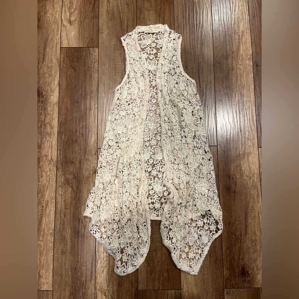 Cream Crochet Lace Sleeveless Maxi Cover Up Boho Festival Cottagecore